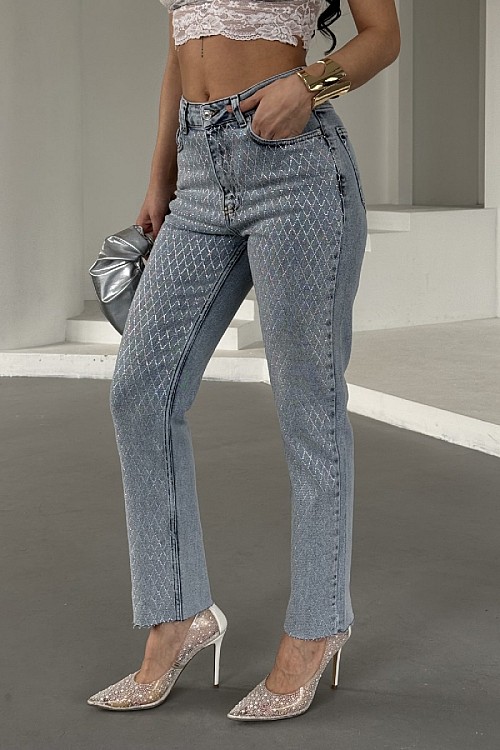 Taşlı Mom Fit Kot Pantolon 7092-08-(28-33)