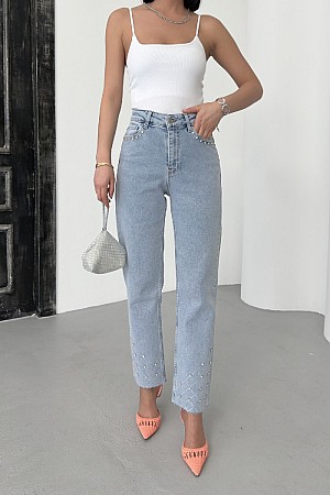 Taşlı Mom Fit Kot Pantolon 7115-08-(26-31)