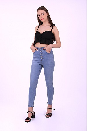 Açık Mavi Denim Önü Beş Düğmeli Yüksek Bel Skinny Jean (26-31)