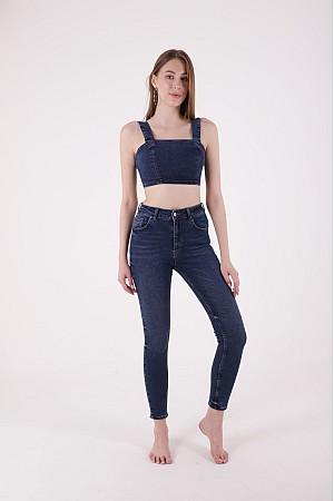 Yüksek Bel Skinny Kısa Jean Lacivert Kot (26-31)