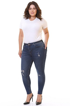 Yüksek Bel ve Az Yırtıklı Skinny Jean Lacivert Denim (30-36)