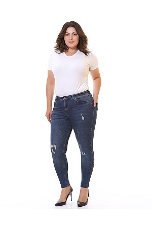 Yüksek Bel ve Az Yırtıklı Skinny Jean Lacivert Denim (30-36)