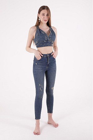 Yüksek Bel ve Az Yırtıklı Skinny Jean Koyu Renkli Denim (26-31)