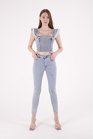 Yüksek Bel ve Az Yırtıklı Skinny Jean Kar Açık Mavi (28-33)