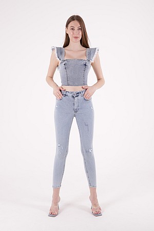 Yüksek Bel ve Az Yırtıklı Skinny Jean Kar Açık Mavi (28-33)