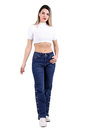 Jeans with Snap Buttons On Leg Bottom Sides Dark Blue Denim (27-32)