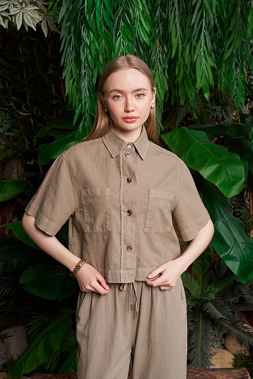 Düğmeli Kısa Kollu Keten Gömlek HS600-74-(S-XL)