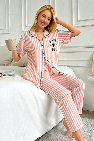 Önden Düğmeli Çizgili Pijama Takımı