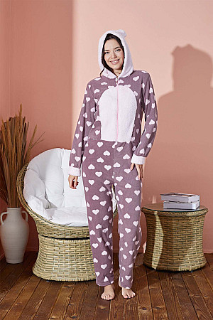 Women&#39;s Fleece Length Zippered Jumpsuit Plush Hooded Pajamas Waynap 8500