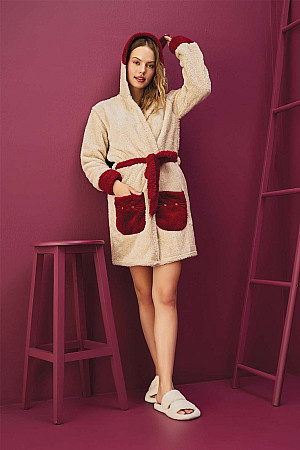 Women&#39;s Fleece Dressing Gown Pajama Top Belted Patterned Dressing Gown With Pockets Waynap