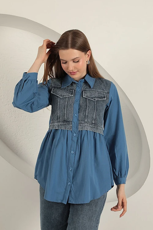 Poplin Kumaş Kot Garnili İndigo Kadın Gömlek