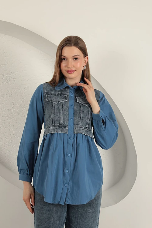 Poplin Kumaş Kot Garnili İndigo Kadın Gömlek
