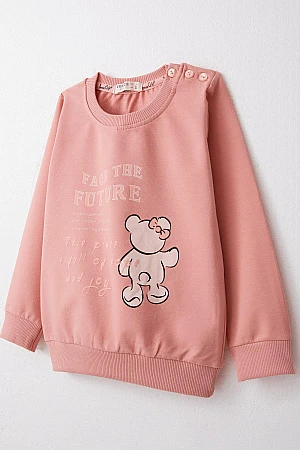 Kız Çocuk Sweatshirt Ayıcık & Yazı Baskılı Gülkurusu (1.5-5 Yaş)