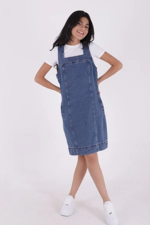 Askılı Yan Cepli Klasik Kot Elbise 334-27-(S-XXL)